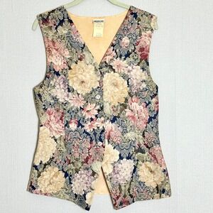 Floral Tapestry Vest Button Front Waistcoat Navy Beige Vintage Womens Medium